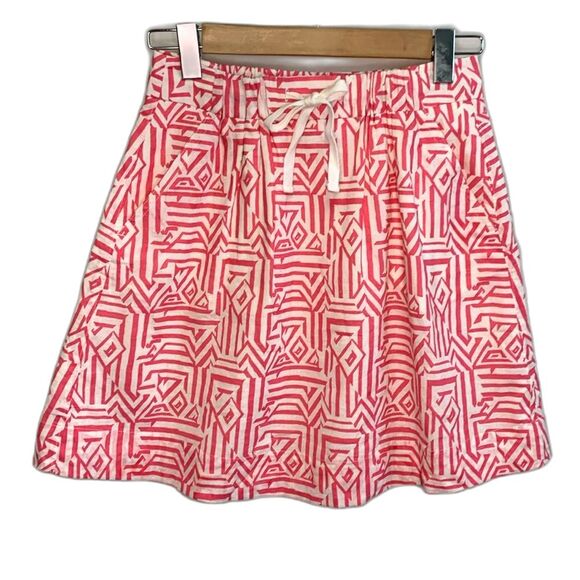 J. Crew Pink White Linen Cotton Blend Geo Print Drawstring Mini Skirt Size 00 - Picture 2 of 11
